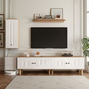 Ensemble Meuble TV - Nov&eacute;lys - 3 Pi&egrave;ces avec Rangement Mural - Buffet Bas 170cm & Armoire Murale - Design Sculpt&eacute; - Blanc & Bois