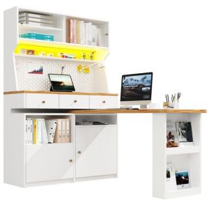 Buffet haut multifonction blanc (137x45x178 cm) - Meuble cuisine rangement 2 portes 3 tiroirs bureau et espace go&ucirc;ter
