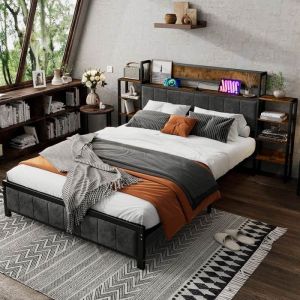 Lit pour jeunes lit de rangement 140x200 cm tête de lit avec étagère 3 connexions USB cadre métallique - noir
