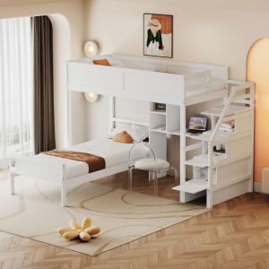Lit superposé enfant 2 personnes/2 places lit mezzanine lit ado 90*200cm lit en pin avec bureau escalier et rangement blanc