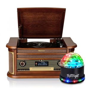 Platine vinyles Tourne-disques Roadstar Vintage HiFi r&eacute;tro Bois 33/45/78 Tr Radio Dab+/FM CD-MP3 Cassette Bluetooth USB LED