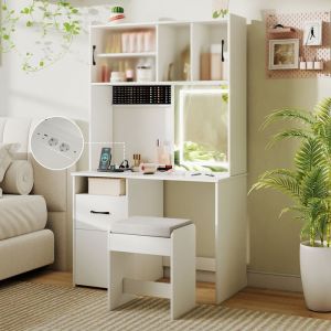 Coiffeuse avec Miroir LED - RELAX4LIFE - Prise &Eacute;lectrique - &Eacute;tag&egrave;res Ouvertes - Table de Maquillage avec Tabouret - 100X50X170CM