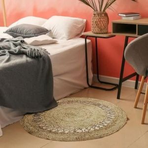 FUNNY JUTE - Tapis salon ou chambre en jute naturel rond diamètre 90 cm - Vague Dentelle