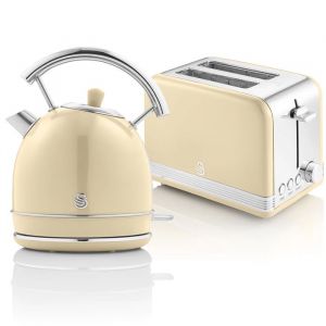 Retro Set Petit-Déjeuner Bouilloire 18L Sans fil Grille-Pain 2 Larges Tranches SWAN STP7050CNEU 850W Crème 57942
