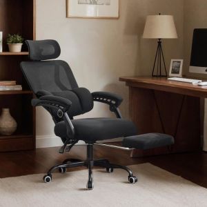 GOOBUY Chaise Bureau Ergonomique Fauteuil avec Appui-t&ecirc;te et Repose-Pieds Support Lombaire R&eacute;glable Capacit&eacute; 150kg Noir