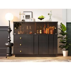 MODERNLUXE Buffet bas moderne - 3 tiroirs et 2 portes 2 étagères et cloison vitrée - MDF - Noir