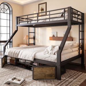 Lit superpos&eacute; enfant 2/3 places 90/140 &times;200 cm Lit double m&eacute;tal avec meuble &agrave; chaussures rangement et sommier &agrave; lattes - noir