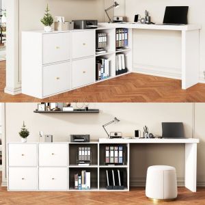 Bureau dAngle R&eacute;versible en L 120 cm avec Plateau Pivotant 360&deg; 4 &Eacute;tag&egrave;res de Rangement Bureau Blanc avec 4 Tiroirs pour Chambre