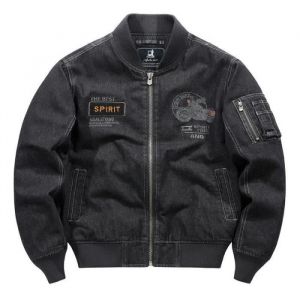 Bomber Blouson Aviateur Homme Mi Saison Casual Veste En Jeans Col Officier Effet Usé Printemps Et Automne - Noir