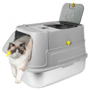 Bac &agrave; Liti&egrave;re pour Chat en Acier Inoxydable Liti&egrave;re INOX Ferm&eacute; &ndash; Caisse Liti&egrave;re XL Gris Ferm&eacute; Flip-Top Haut Pied