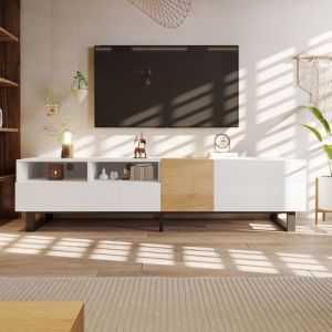 Meuble TV 180cm Blanc/Bois - 2 Tiroirs + 2 Portes + 2 &Eacute;tages - Pieds M&eacute;tal Noir - Design Minimaliste - Style Scandinave