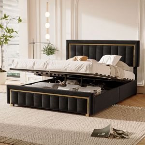 140 x 200 lit coffre avec sommier lit hydraulique lit 2 personnes avec sommier à lattes en bois lit 140x200 velours noir