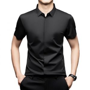 Chemise Homme &agrave; Manches Courtes en Satin de Soie Chemise Elegant Business Avec Boutons Cach&eacute;s Couleur Unie - Noir
