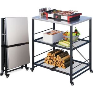 YODOLLA Desserte de Cuisine - Pliable &agrave; 3 Niveaux avec Roulettes &ndash; Chariot de Repas pour Jardin et Support de BBQ &ndash; Argent