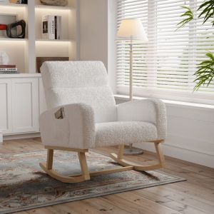 Fauteuil à Bascule - Rocking Chair - Blanc - Tissu en Sherpa - Pieds en Bois Massif - Style Scandinave