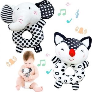 Hochet Bebe Jouet 3 Mois 2 Pièces Noir et Blanc Sensorielles Animal Peluche Nouveau  Jeux d Eveil Bebe 0-6 mois Naissance Cadeau