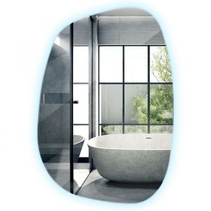 Miroir mural LED asym&eacute;trique DecorTapis design moderne avec lumi&egrave;re froide pour salle de bain &ndash; 49x34 cm