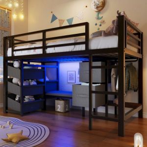 Lit mezzanine enfant 90&times;200 cm Lit mi-hauteur m&eacute;tal avec &eacute;clairage LED 6 tiroirs en tissu penderie et sommier &agrave; lattes - noir
