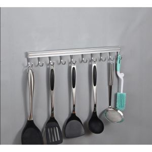 Barre à ustensiles de cuisine mural avec 10 crochets inox sans perçage 50cm Support Range emsemble Porte serviette salle de bain