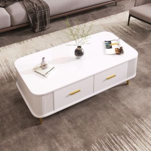 Table basse avec tiroirs coins arrondis table de salon avec c&ocirc;t&eacute;s ondul&eacute;s poign&eacute;es et pieds dor&eacute;s table dappoint