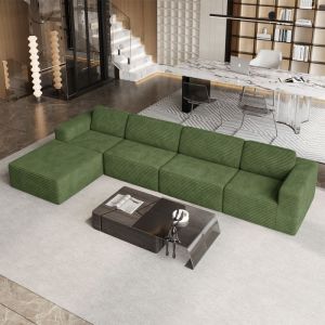 Grand Canap&eacute; 4 places modulable en Velours C&ocirc;tel&eacute; avec pouf et 4 coussins 404x202x82cm Vert