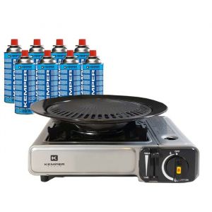 Barbecue Grill 2 en 1 Réchaud gaz piézo 2200 W KEMPER + Plaque grill + 8 cartouches gaz Butane Camping