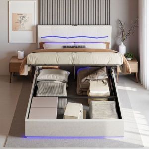 Lit coffre 180x200 avec sommier hydraulique-Mécanisme silencieux LED RGB & 2 ports USB Grand rangement en simili cuir crème