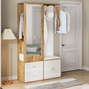 Vestiaire dentr&eacute;e avec miroir meuble &agrave; chaussures tabouret &agrave; chaussures avec crochets et tringle &agrave; v&ecirc;tements escamotable