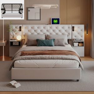 Lit coffre 160x200 cm Lit rembourré avec lampe de lecture 2 Tables De Chevet tête de lit avec ports USB et Type-C Velours