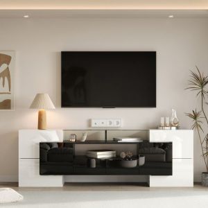 Meuble TV bas design moderne finition laqu&eacute; blanc/noir 200x35x60cm avec plateau verre et &eacute;clairage LED id&eacute;al salon
