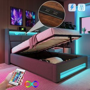 Lit Coffre 90x200 avec Sommier LED et USBLit 2 Personnes avec Rangement et Tete de Lit Lit Double avec à LattesLit