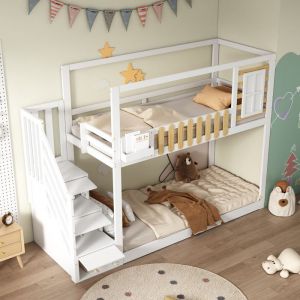 Lit Superpos&eacute; 90x200 cm Lit Enfant avec Escalier et Rangements 3 Casiers et Barri&egrave;re de S&eacute;curit&eacute; Sans Matelas Pin + MDF Blanc