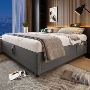 Lit simple capitonn&eacute; 160 x 200 cm avec connecteur USB-C et sommier &agrave; lattes int&eacute;gral sans t&ecirc;te de lit ni matelasgris