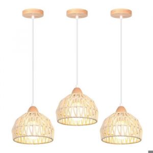 Suspension Luminaire Vintage IDEGU - Cage Abat-jour en Bois Rotin Blanc - Pour Salon
