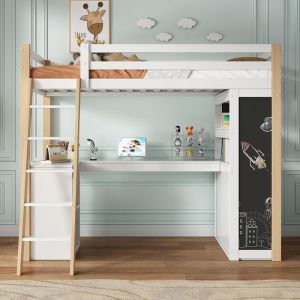 Lit superpos&eacute; Lit enfant 90x200 cm avec &eacute;chelle Bureau Compartiment de rangement Grand tiroir Tableau &Eacute;tag&egrave;re Blanc naturel