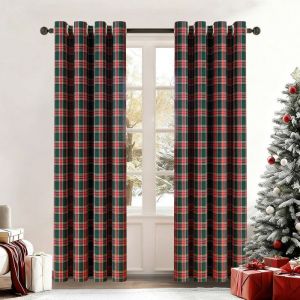 QELUS 2 Panneaux de Rideaux &agrave; Carreaux D&eacute;coration de No&euml;l Rideau &agrave; Oeillets Isolant Thermique pour Chambre Rouge - Vert