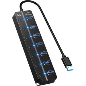 Hub USB 3.0 7 Ports avec Interrupteur S&eacute;par&eacute; et LED Multi Port USB Hub Aliment&eacute; Adaptateur