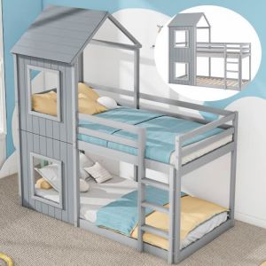 Lit superposé enfant 90 x 200 cm avec échelle & baldaquin en bois massif gris - Certifié EN747 - 2 places