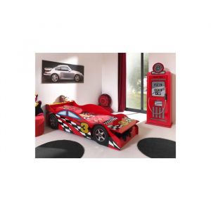 Pack - Lit Enfant Voiture Race & Armoire 1 Porte Pompe &agrave; Essence Rouge