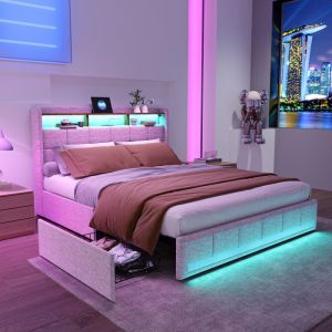 Lit Coffre Capitonn&eacute; 160x200 avec LedLit Rembourr&eacute; avec 4 tiroirLit 2 PersonnesLits Pour Adulte CoffreBeigeLin