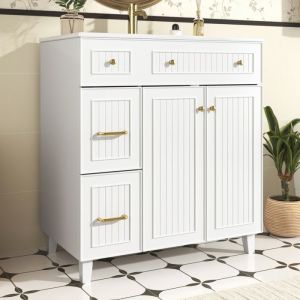Meuble salle de bain blanc moderne 817x468x90cm - Vasque c&eacute;ramique meuble sur pied laqu&eacute; avec rangement multifonctionnel