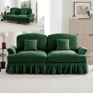 DRIPEX Grand Canap&eacute; 2 Places Style Mid-Century ModerneJupe &agrave; volants amoviblespieds en boisTissu chenilleL 194cmVert