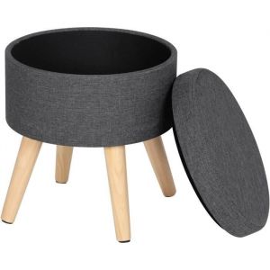 WOLTU Tabouret rond pouf coffre de rangement repose-piedssi&egrave;ge en lin pieds en bois massif 36x 32cm Gris fonc&eacute;