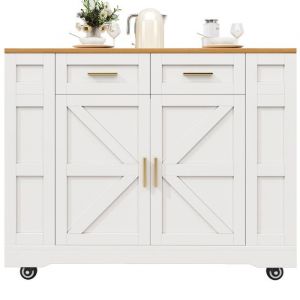 &Icirc;lot  Cuisine cuisine moderne blanc buffet 6 tiroirs extensible table &agrave; manger multifonction rangement int&eacute;gr&eacute; desserte bois