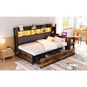 Lit Banquette 90x200 cm avec Bureau Escamotable et Rangement - Lit Simple Ado en Fer avec LED et Prise Multifonction - Naturel