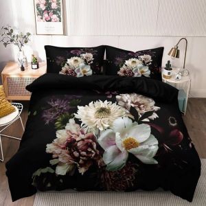 Housse de Couette Fleurie 240 x 260 cm 3D Noire Blanc Motif Fleurs Parure de Lit en Microfibre Adulte Parure Housse Couette