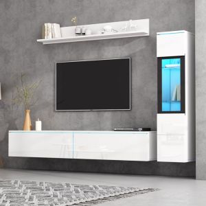 TV mural Set de 3 pièces LED éclairage haute lumière blanc salon meubles set mur avant blanc 1 x armoire TV 1 x vitrine de salon