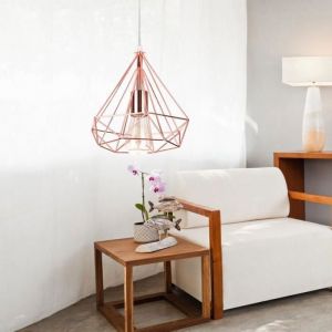 UNI Lustre Industrielle Cage Forme Diamant or rose Lustre Suspension en M&eacute;tal Fer Luminaire D&eacute;cor