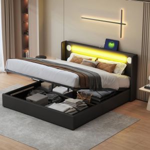 Lit coffre rembourr&eacute; 160x200 cm Lit double avec &eacute;clairage LED rangement hydraulique ports USB lecteur bluetooth - Cuir PU - Noir
