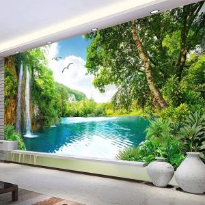 Papier Peint Panoramique de Cascade De La Montagne Verte Mouette Nature Paysage Poster Murale Intissé Décoration Murale 300x210cm